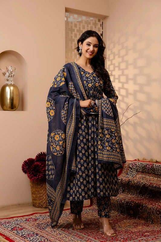 Women Grey Floral Printed Anarkali Kurta And Trouser With Dupatta | LASVINI - Redefining Indian Fashion with Elegance