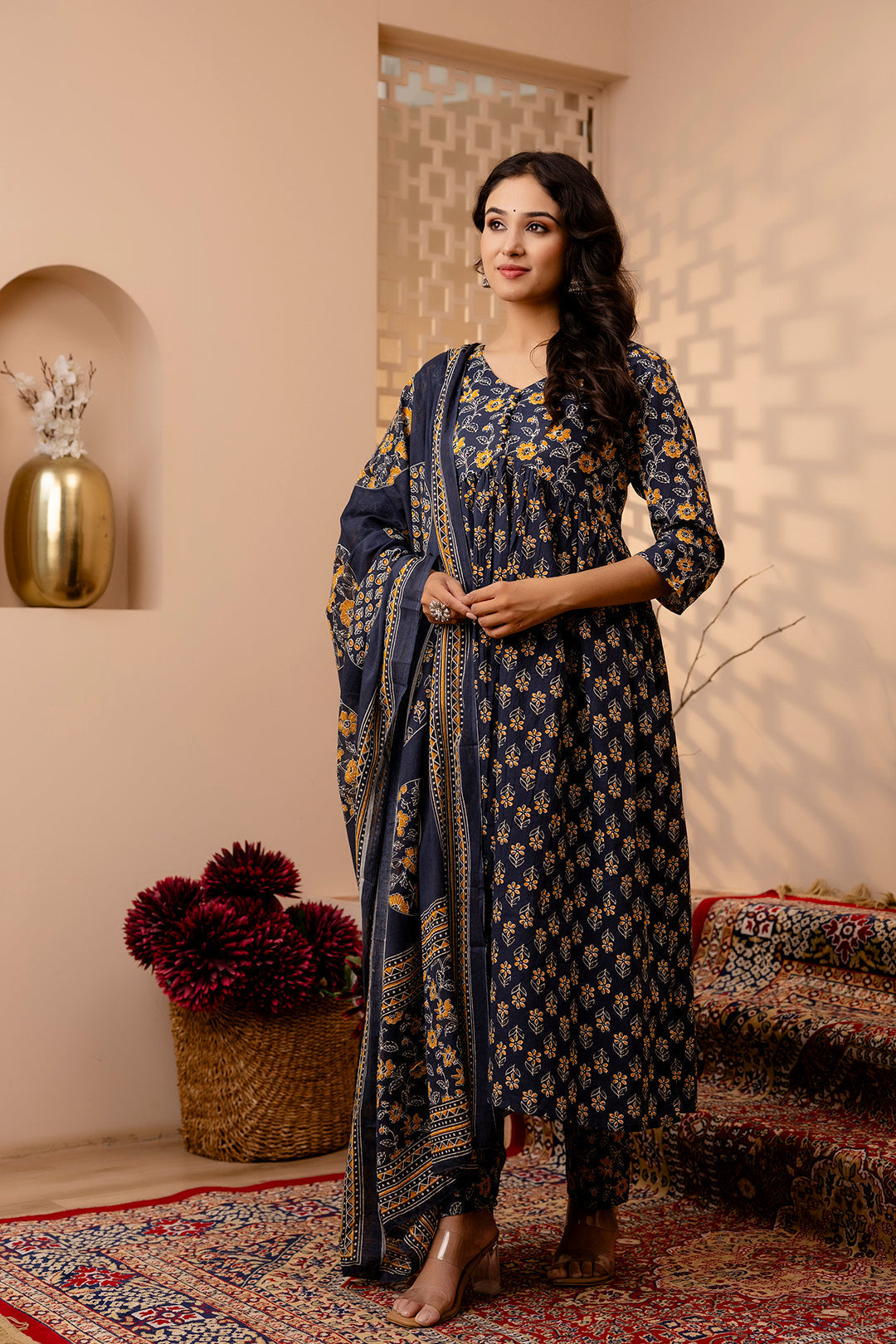 Women Grey Floral Printed Anarkali Kurta And Trouser With Dupatta | LASVINI - Redefining Indian Fashion with Elegance