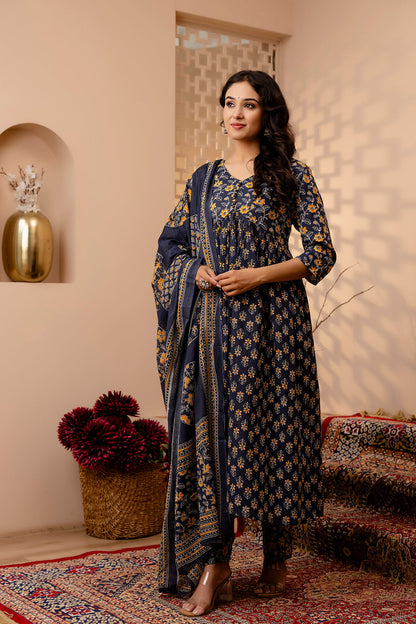Women Grey Floral Printed Anarkali Kurta And Trouser With Dupatta | LASVINI - Redefining Indian Fashion with Elegance