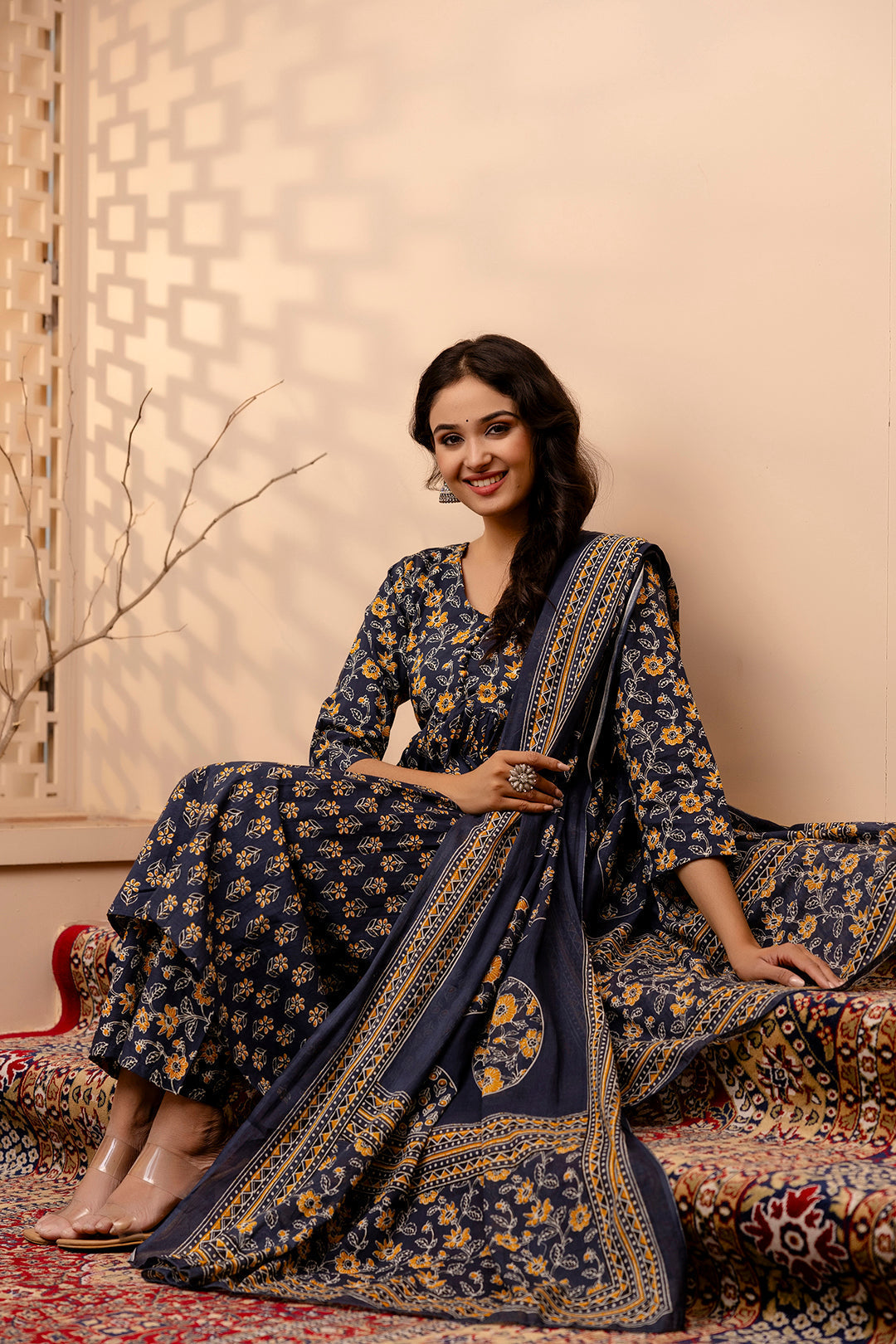 Women Grey Floral Printed Anarkali Kurta And Trouser With Dupatta | LASVINI - Redefining Indian Fashion with Elegance