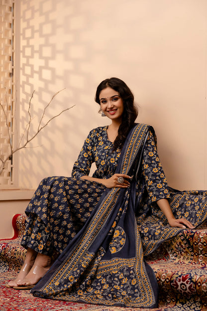 Women Grey Floral Printed Anarkali Kurta And Trouser With Dupatta | LASVINI - Redefining Indian Fashion with Elegance