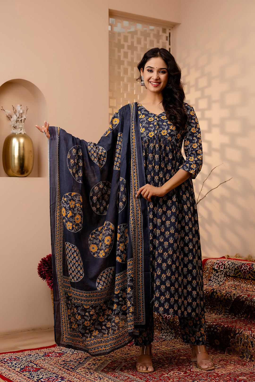 Women Grey Floral Printed Anarkali Kurta And Trouser With Dupatta | LASVINI - Redefining Indian Fashion with Elegance