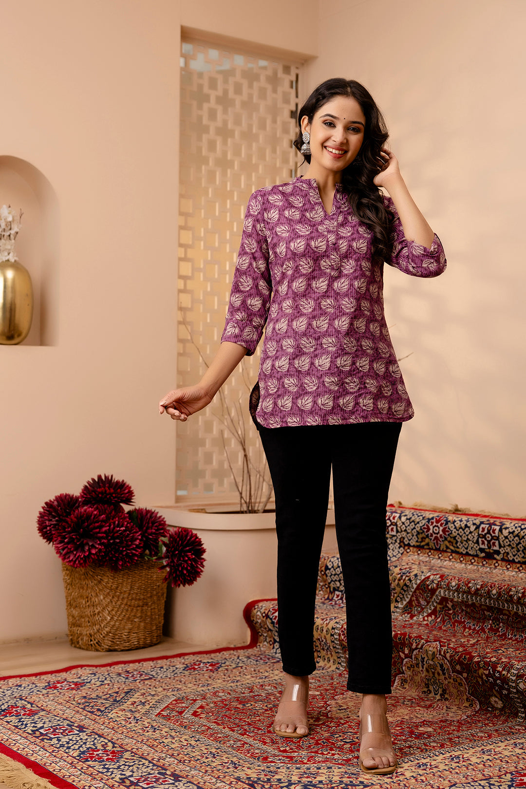 Women Purple Printed Straight Tunic | LASVINI - Redefining Indian Fashion with Elegance