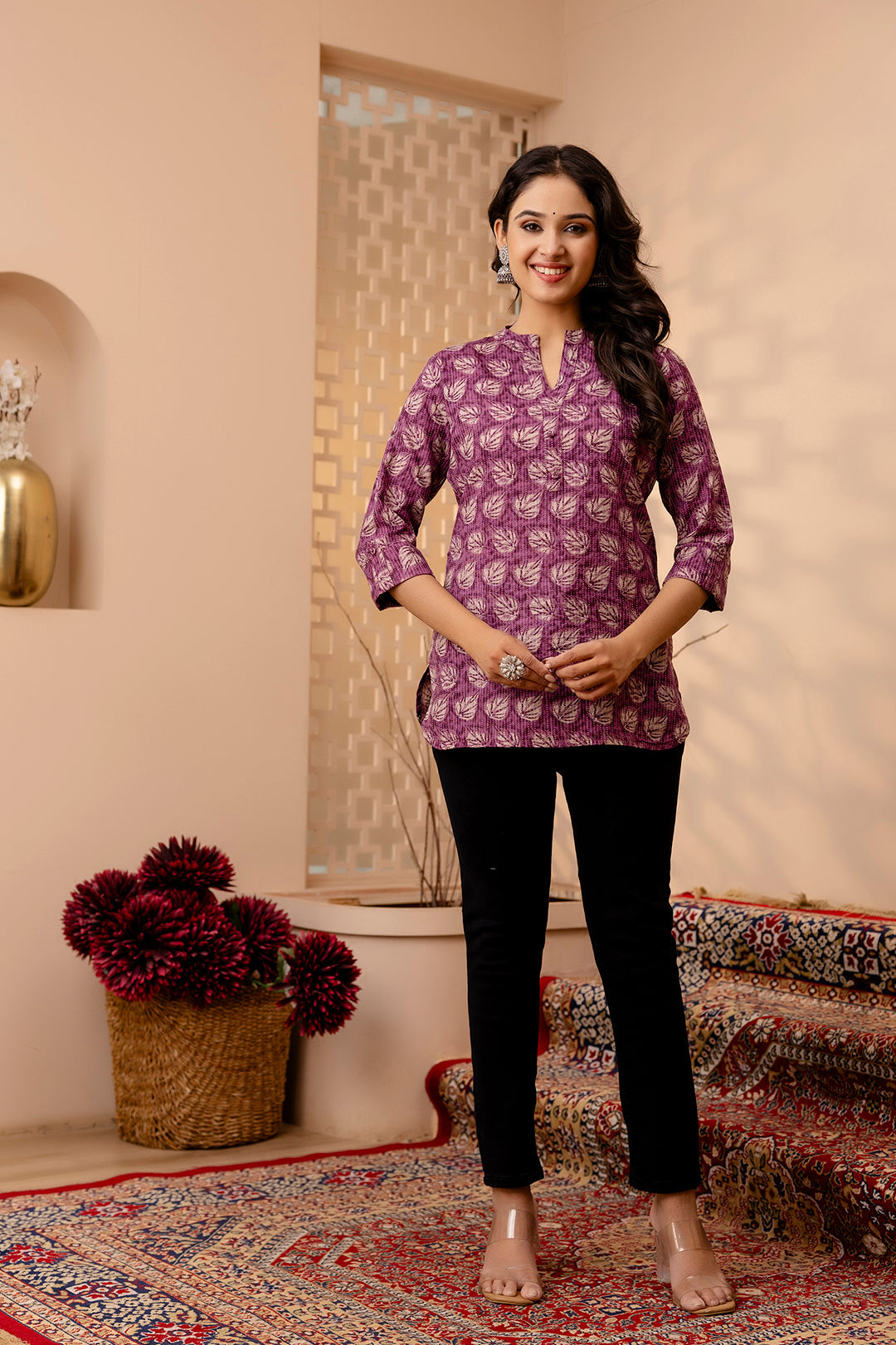 Women Purple Printed Straight Tunic | LASVINI - Redefining Indian Fashion with Elegance