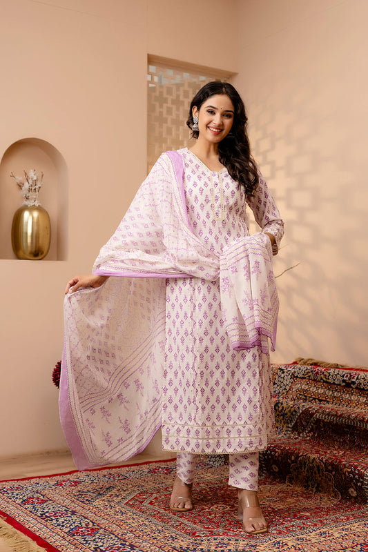 Women White And Purple Printed Straight Kurta And Trouser With Dupatta | LASVINI - Redefining Indian Fashion with Elegance