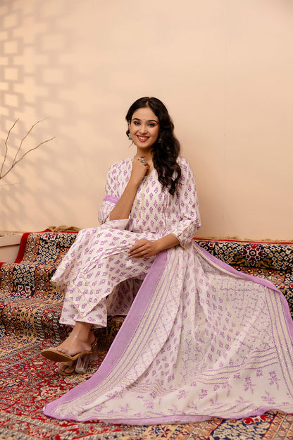 Women White And Purple Printed Straight Kurta And Trouser With Dupatta | LASVINI - Redefining Indian Fashion with Elegance