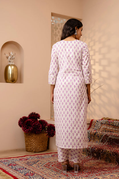Women White And Purple Printed Straight Kurta And Trouser With Dupatta | LASVINI - Redefining Indian Fashion with Elegance