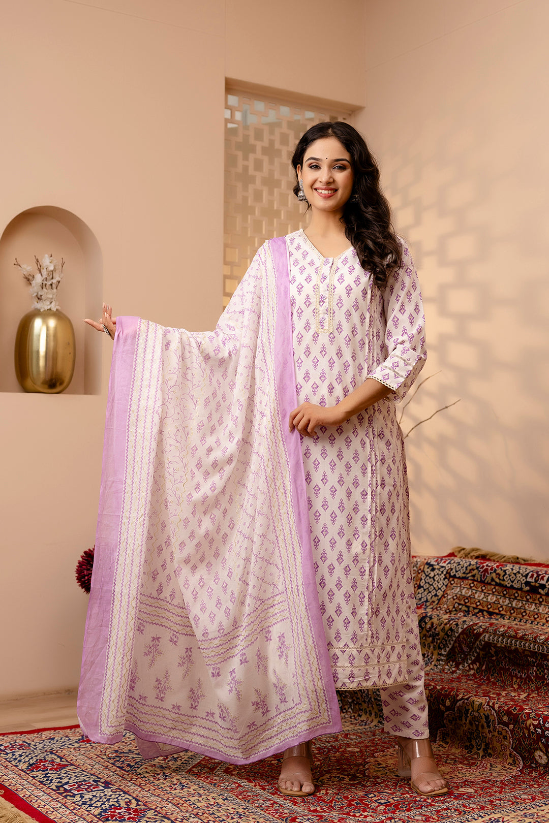 Women White And Purple Printed Straight Kurta And Trouser With Dupatta | LASVINI - Redefining Indian Fashion with Elegance