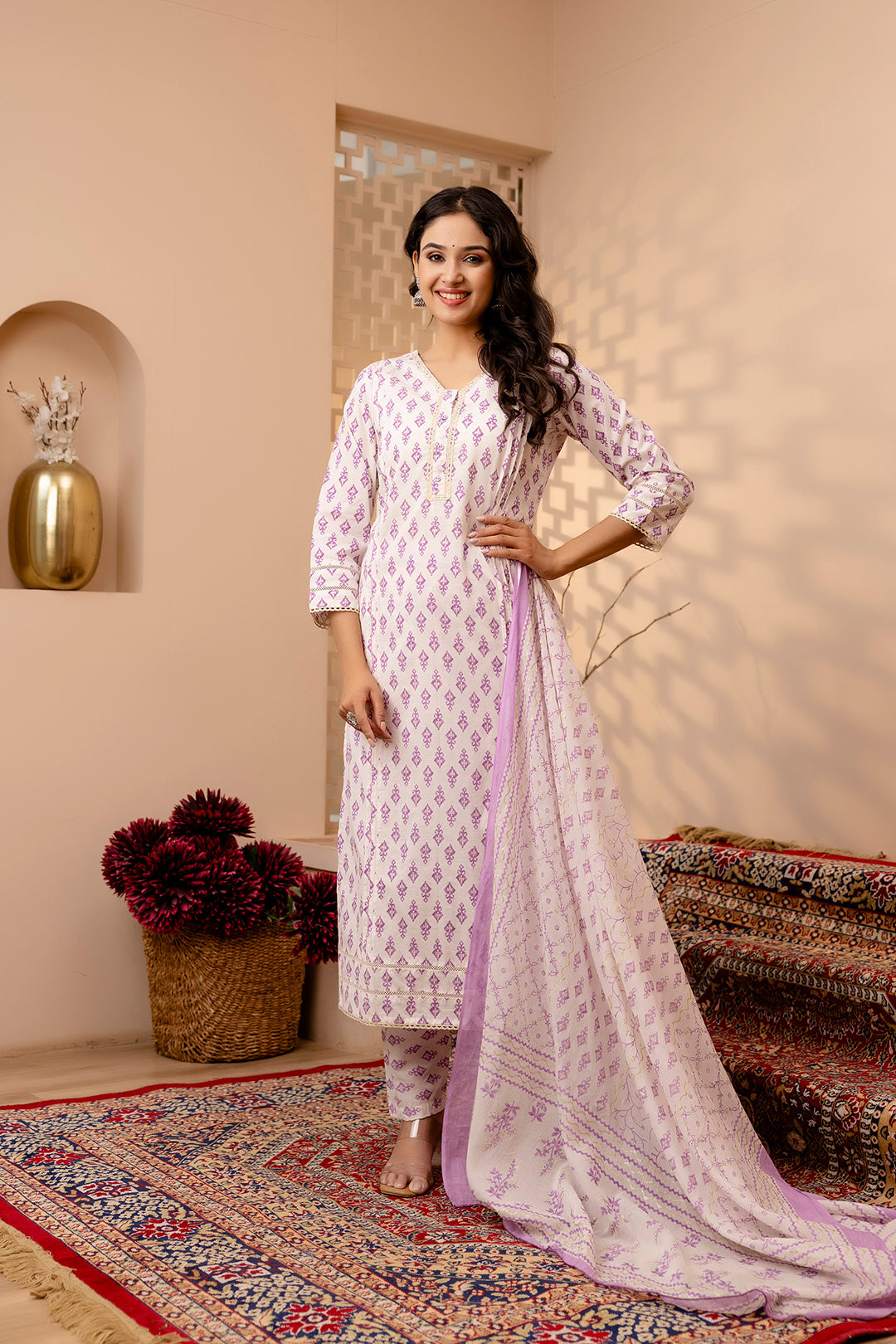 Women White And Purple Printed Straight Kurta And Trouser With Dupatta | LASVINI - Redefining Indian Fashion with Elegance