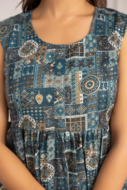 Women Teal Blue Printed Peplum Tunic | LASVINI - Redefining Indian Fashion with Elegance