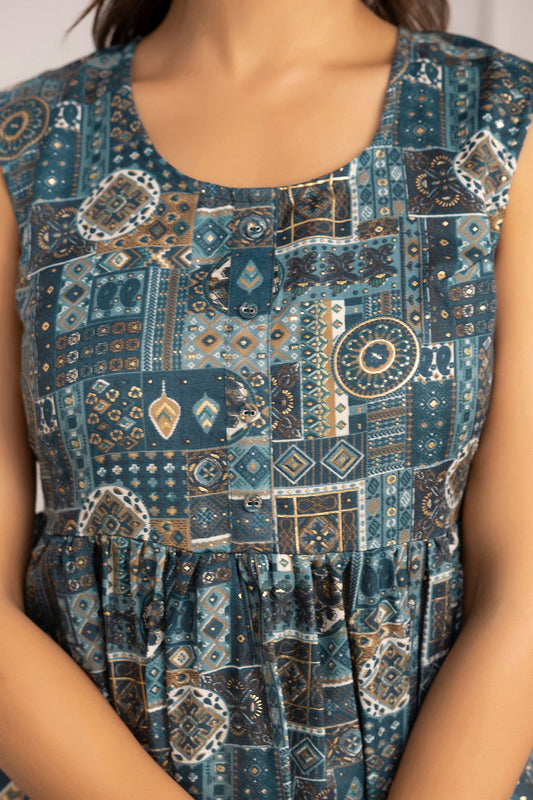 Women Teal Blue Printed Peplum Tunic | LASVINI - Redefining Indian Fashion with Elegance