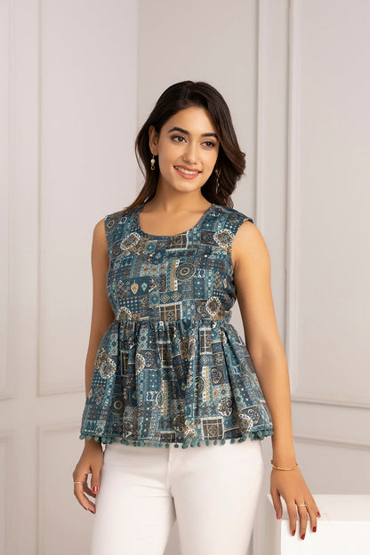Women Teal Blue Printed Peplum Tunic | LASVINI - Redefining Indian Fashion with Elegance