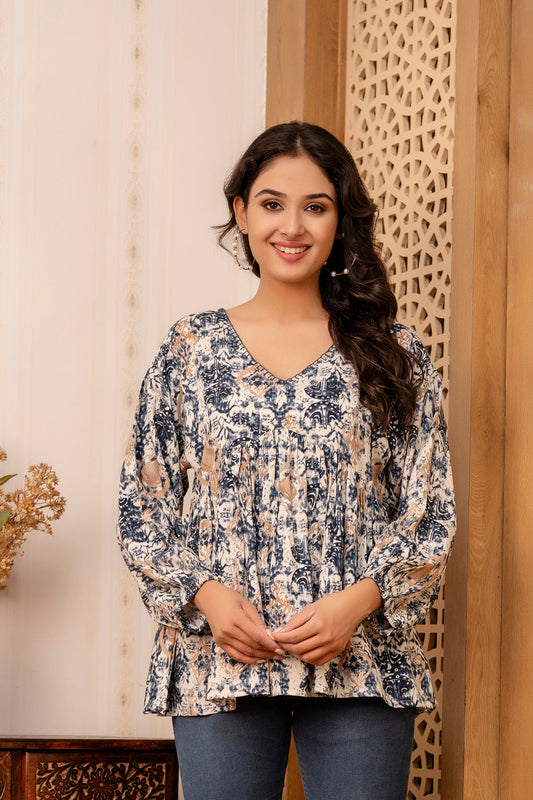 Women Blue Printed Peplum Tunic | LASVINI - Redefining Indian Fashion with Elegance