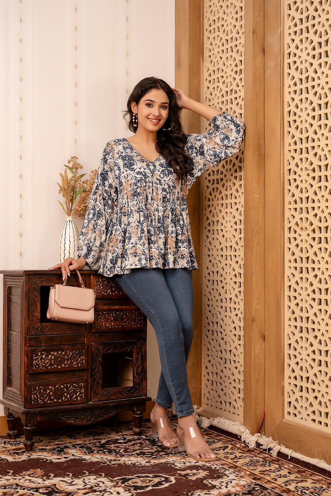Women Blue Printed Peplum Tunic | LASVINI - Redefining Indian Fashion with Elegance