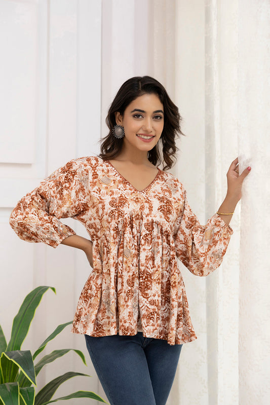 Women Rust Printed Peplum Tunic | LASVINI - Redefining Indian Fashion with Elegance