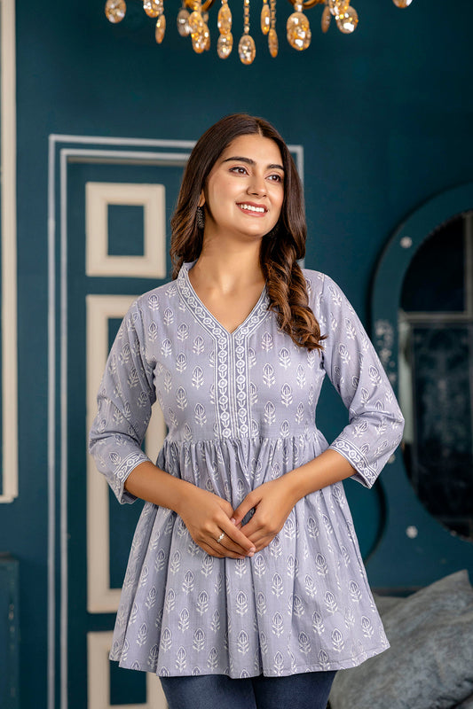 Women Blue Printed Peplum Tunic | LASVINI - Redefining Indian Fashion with Elegance