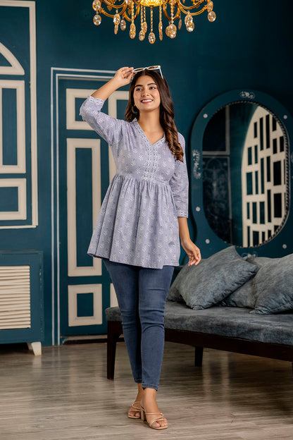 Women Blue Printed Peplum Tunic | LASVINI - Redefining Indian Fashion with Elegance