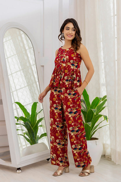 Women Maroon Printed Co-Ord Set | LASVINI - Redefining Indian Fashion with Elegance