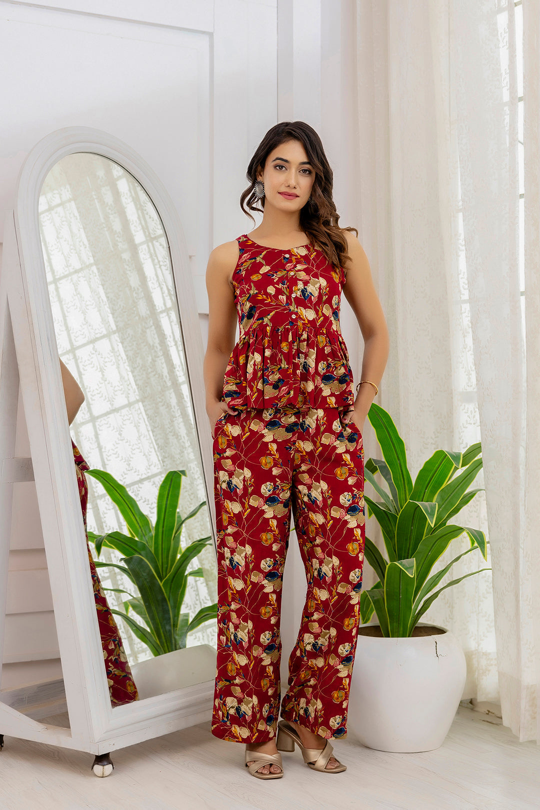 Women Maroon Printed Co-Ord Set | LASVINI - Redefining Indian Fashion with Elegance