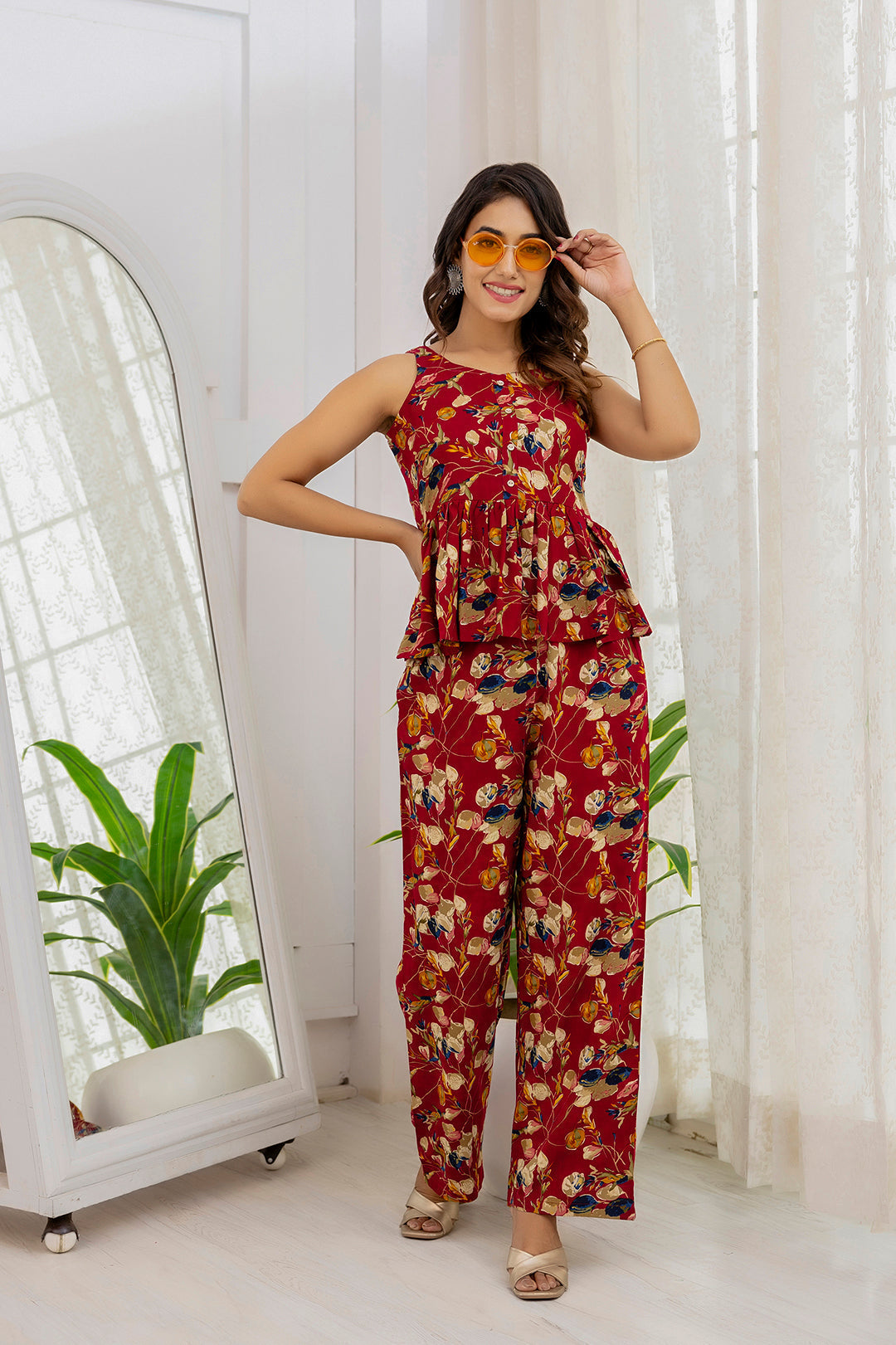 Women Maroon Printed Co-Ord Set | LASVINI - Redefining Indian Fashion with Elegance