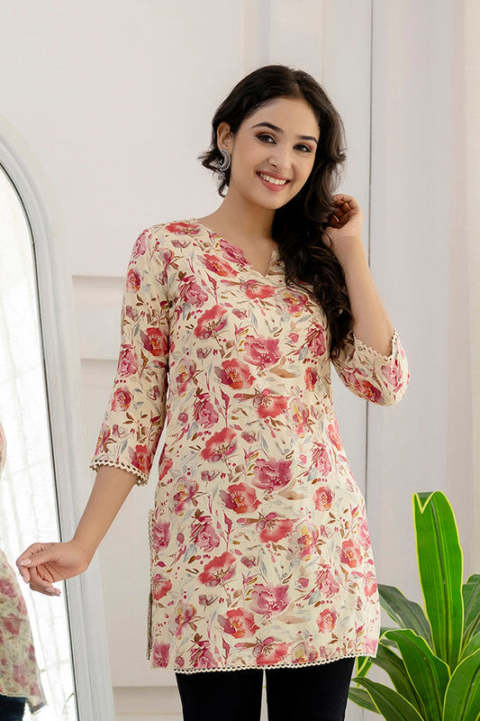 Women Pink And Off White Printed Straight Tunic | LASVINI - Redefining Indian Fashion with Elegance