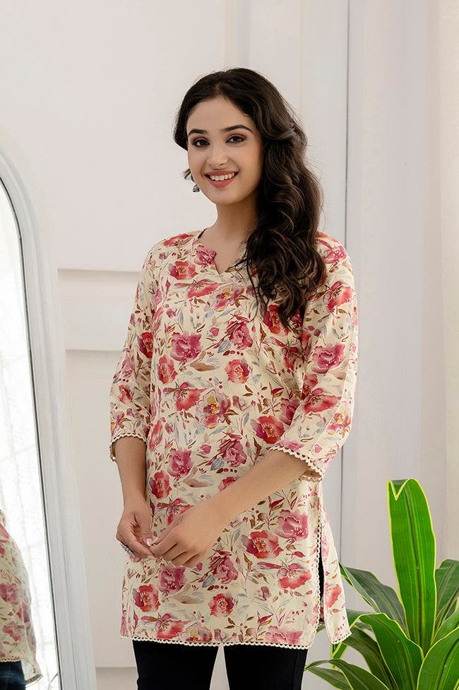 Women Pink And Off White Printed Straight Tunic | LASVINI - Redefining Indian Fashion with Elegance