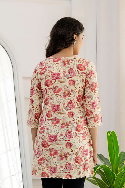 Women Pink And Off White Printed Straight Tunic | LASVINI - Redefining Indian Fashion with Elegance