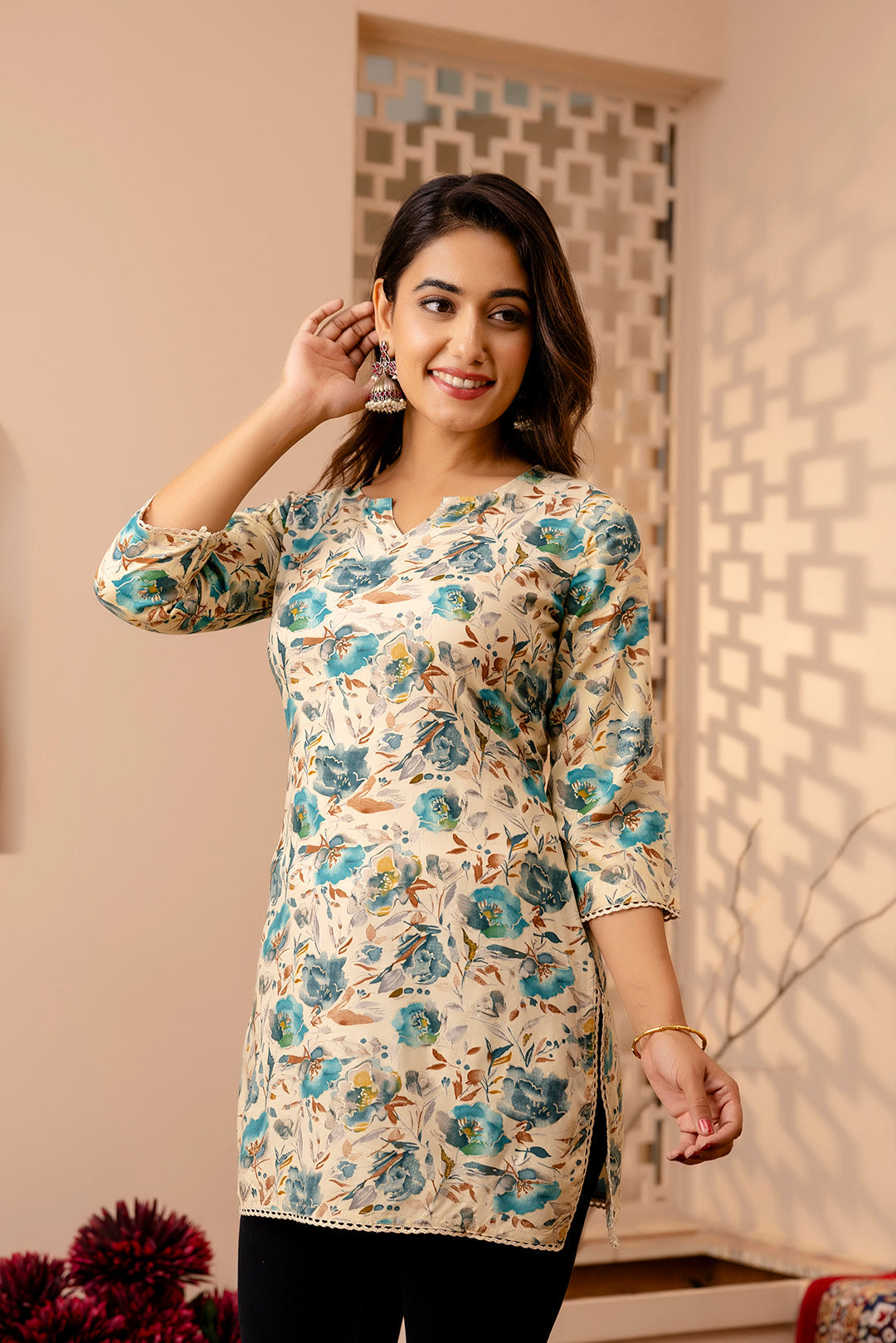 Women Off White And Green Printed Straight Tunic | LASVINI - Redefining Indian Fashion with Elegance