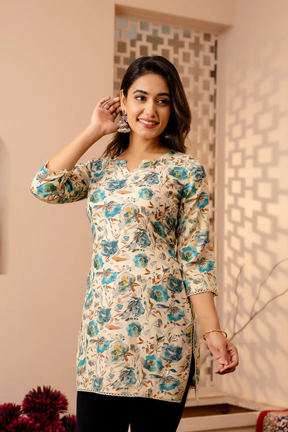 Women Off White And Green Printed Straight Tunic | LASVINI - Redefining Indian Fashion with Elegance