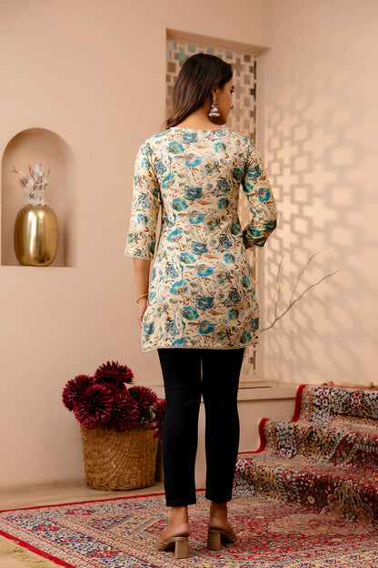 Women Off White And Green Printed Straight Tunic | LASVINI - Redefining Indian Fashion with Elegance