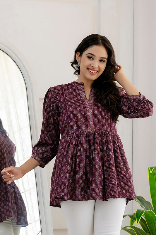 Women Purple Printed Peplum Tunic | LASVINI - Redefining Indian Fashion with Elegance