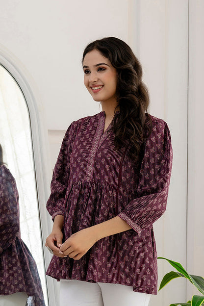 Women Purple Printed Peplum Tunic | LASVINI - Redefining Indian Fashion with Elegance