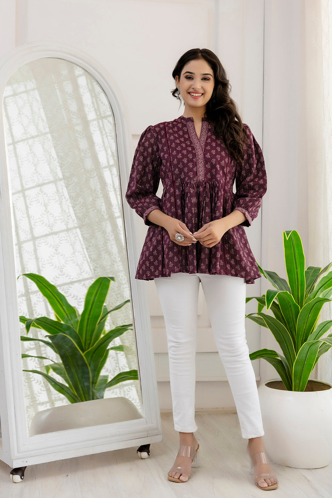 Women Purple Printed Peplum Tunic | LASVINI - Redefining Indian Fashion with Elegance
