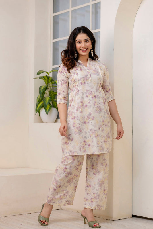 Women Cream Printed Co-Ord Set | LASVINI - Redefining Indian Fashion with Elegance