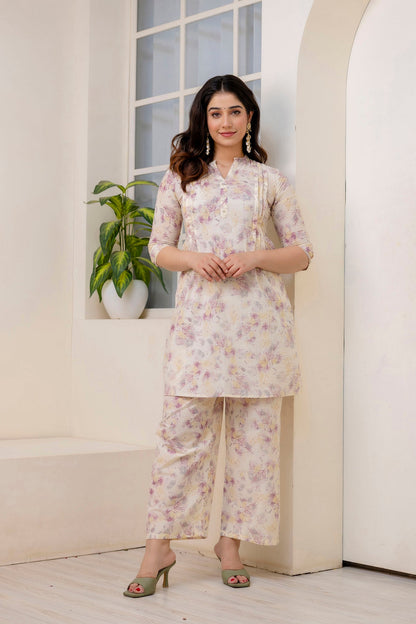 Women Cream Printed Co-Ord Set | LASVINI - Redefining Indian Fashion with Elegance