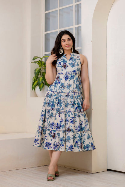 Women Off White Printed Sleeveless Flared Dress | LASVINI - Redefining Indian Fashion with Elegance
