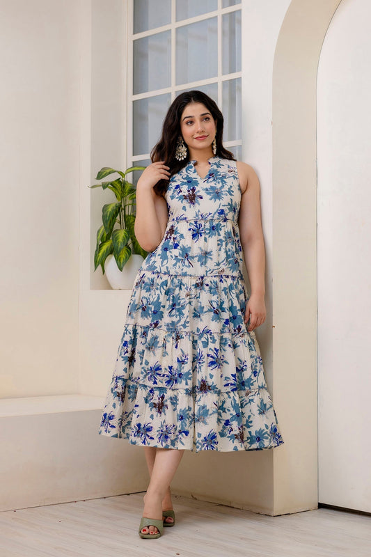 Women Off White Printed Sleeveless Flared Dress | LASVINI - Redefining Indian Fashion with Elegance