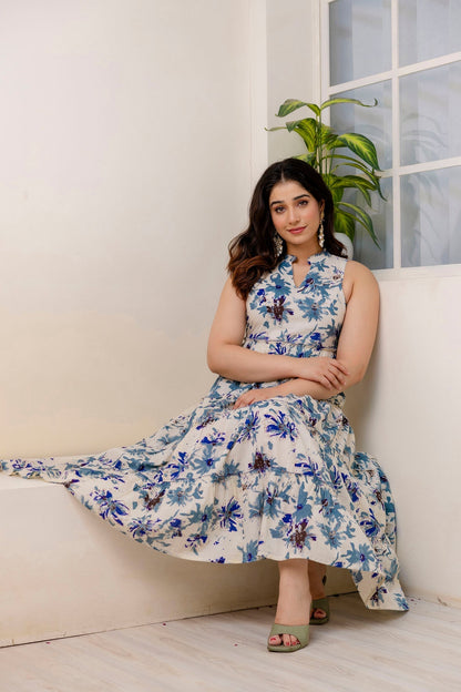 Women Off White Printed Sleeveless Flared Dress | LASVINI - Redefining Indian Fashion with Elegance