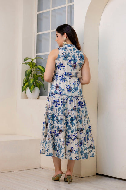 Women Off White Printed Sleeveless Flared Dress | LASVINI - Redefining Indian Fashion with Elegance