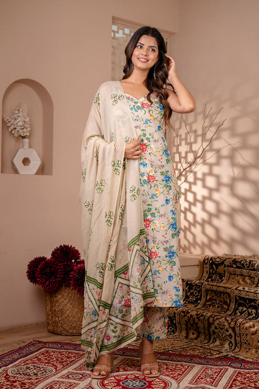 Women Beige Floral Printed Straight Kurta With Trouser And Dupatta | LASVINI - Redefining Indian Fashion with Elegance