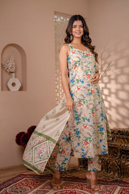 Women Beige Floral Printed Straight Kurta With Trouser And Dupatta | LASVINI - Redefining Indian Fashion with Elegance