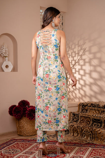 Women Beige Floral Printed Straight Kurta With Trouser And Dupatta | LASVINI - Redefining Indian Fashion with Elegance