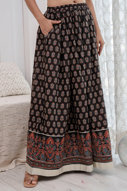 Women Black Ethnic Printed Gotta Patti Work Skirt | LASVINI - Redefining Indian Fashion with Elegance