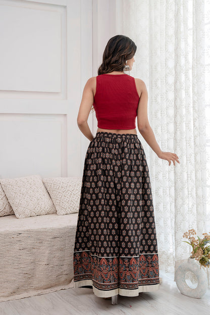 Women Black Ethnic Printed Gotta Patti Work Skirt | LASVINI - Redefining Indian Fashion with Elegance