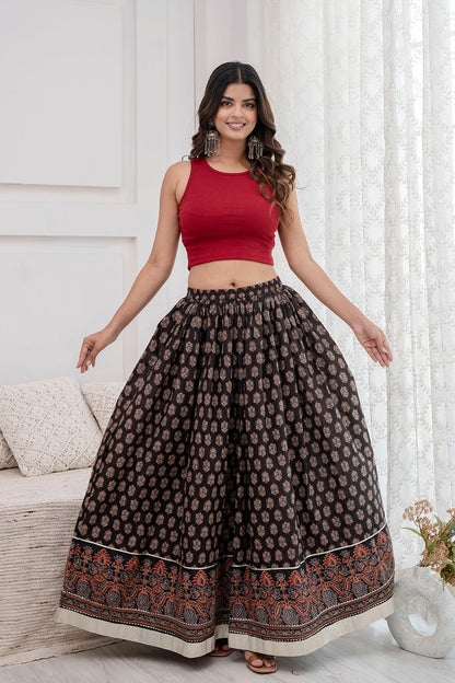 Women Black Ethnic Printed Gotta Patti Work Skirt | LASVINI - Redefining Indian Fashion with Elegance