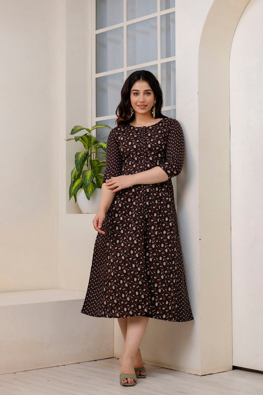 Women Black Ethnic Printed Flared Dress | LASVINI - Redefining Indian Fashion with Elegance