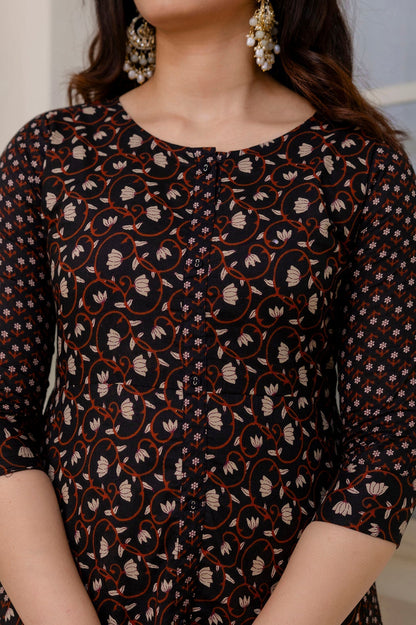 Women Black Ethnic Printed Flared Dress | LASVINI - Redefining Indian Fashion with Elegance