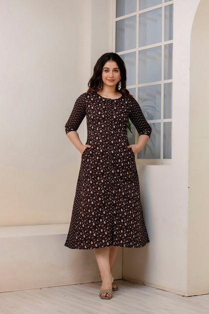 Women Black Ethnic Printed Flared Dress | LASVINI - Redefining Indian Fashion with Elegance