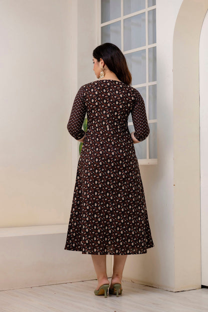 Women Black Ethnic Printed Flared Dress | LASVINI - Redefining Indian Fashion with Elegance