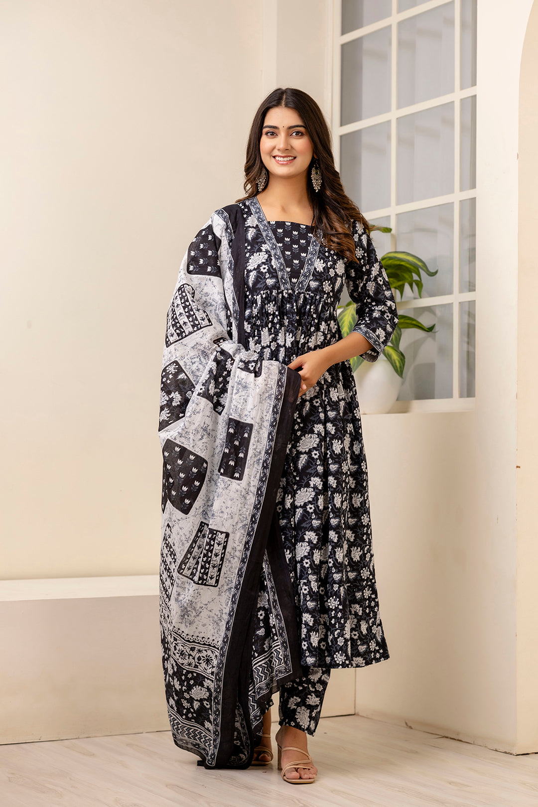 Women Black Ethnic Printed Anarkali Kurta And Trouser With Dupatta | LASVINI - Redefining Indian Fashion with Elegance